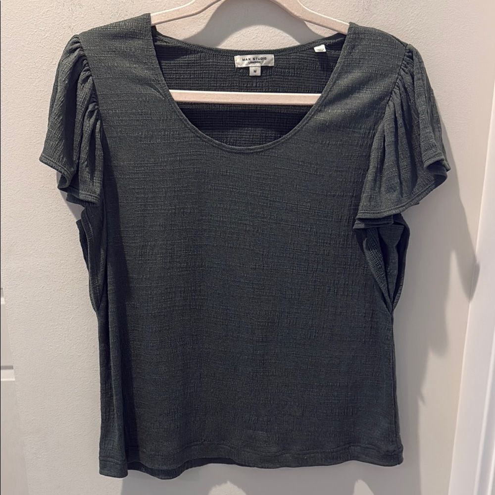 Max Studio Olive Green Ruffle Sleeve Blouse size medium
